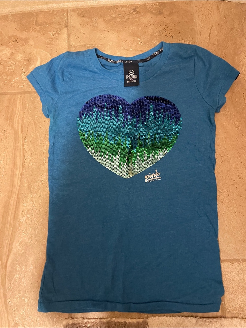 VINTAGE PINK Victoria's Secret Blue tee with Iridescent Sequin Heart